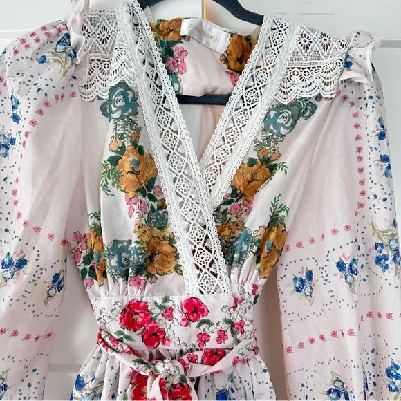 Zimmermann Dress Women Clover Patched Wrap Mini Floral Boho cottage core - Picture 2 of 13